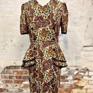 Vintage Paisley & Leopard Print Peplum Dress by Stuart Alan Petites Size 8